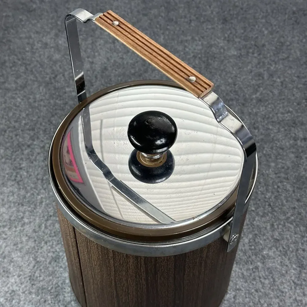 Vintage Mid Century KROMEX Walnut & Chrome Steel Ice Bucket & Butter Dish (9”) T